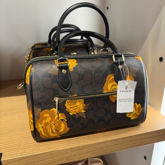 Coach CCE30 Rowan Satchel Bag In Signature Canvas With Floral Print Walnut/Black - Picture 2 of 6